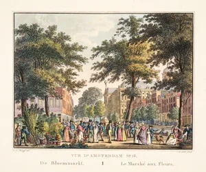 Näkymä Amsterdamiin nro 16. Bloemmarktista. Kukkatori, 1825 (käsinvärinen kaiverrus)